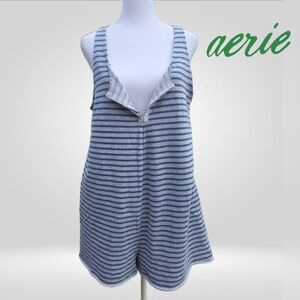 Aerie Striped Romper Playsuit Grey Blue Racerback Size Large